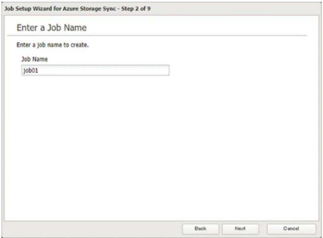 Job Setup Wizard for Azure Storage Sync - Step 2 of 9 Enter a Job Name Enter a job name to create. Job Name job01 Back Next Cancel