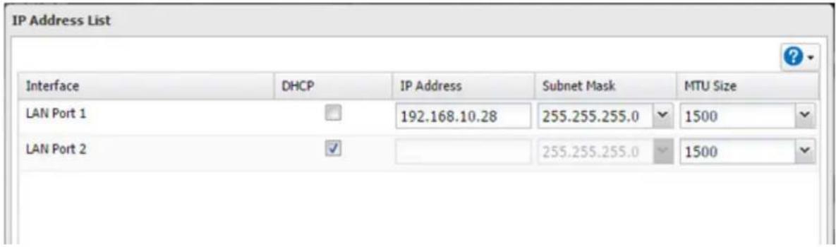 IP Address List Interface DHCP IP Address Subnet Mask MTU Size LAN Port 1 192.168.10.28 255.255.255.0 1500 LAN Port 2 255.255.255.0 1500