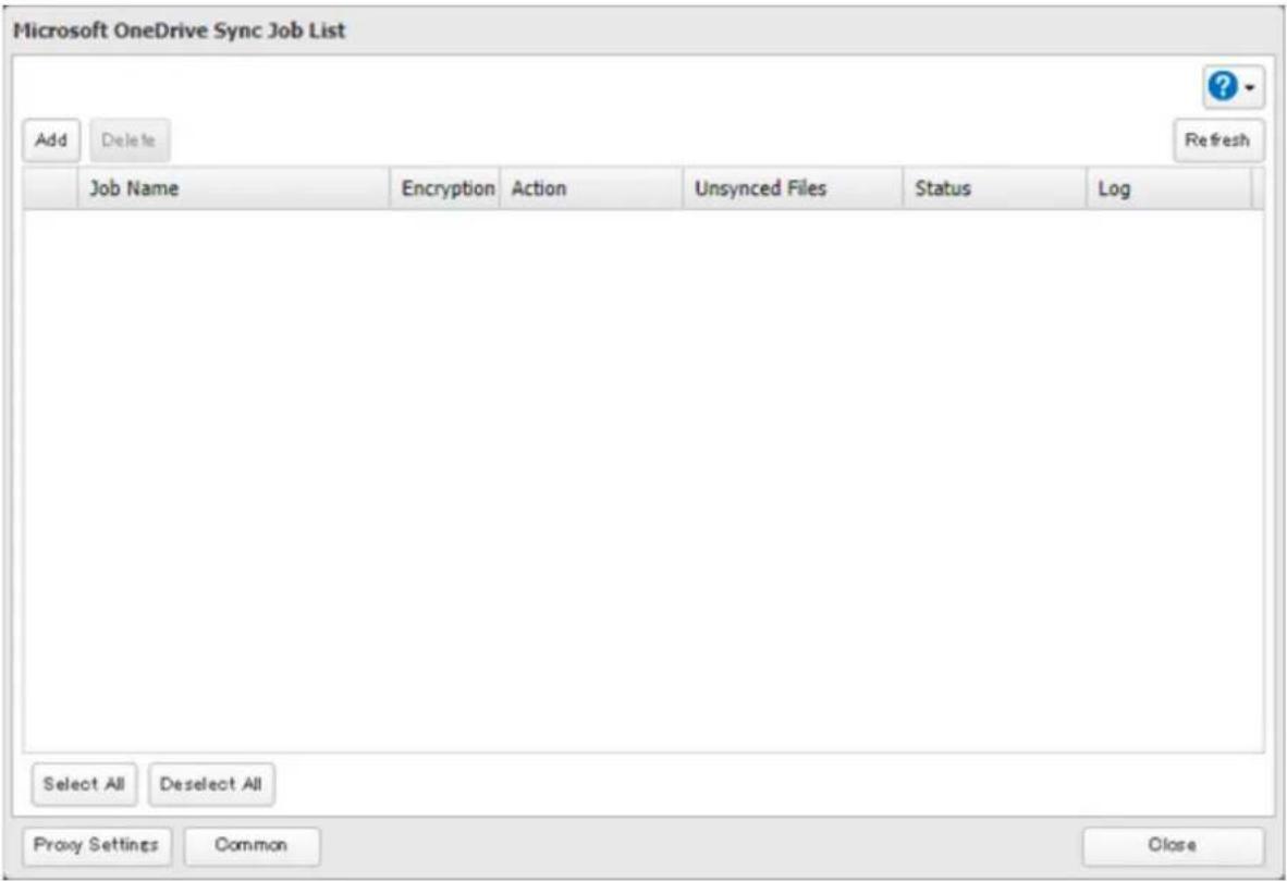 Microsoft OneDrive Sync Job List Add Delete Refresh Job Name Encryption Action Unsynced Files Status Log Select All Deselect All Proxy Settings Common Close