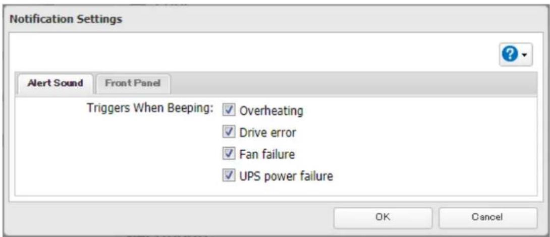 Notification Settings Alert Sound Front Panel Triggers When Beeping: ✓ Overheating ✓ Drive error ✓ Fan failure ✓ UPS power failure OK Cancel