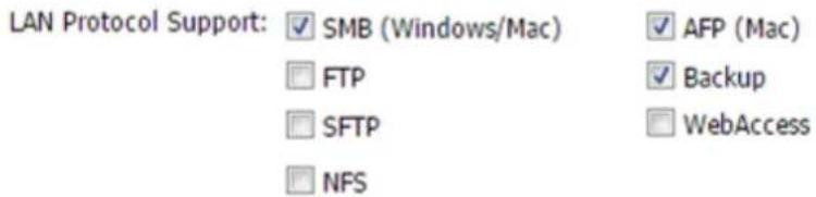 LAN Protocol Support: ✓ SMB (Windows/Mac) ✓ AFP (Mac) ☐ FTP ✓ Backup ☐ SFTP ☐ WebAccess ☐ NFS