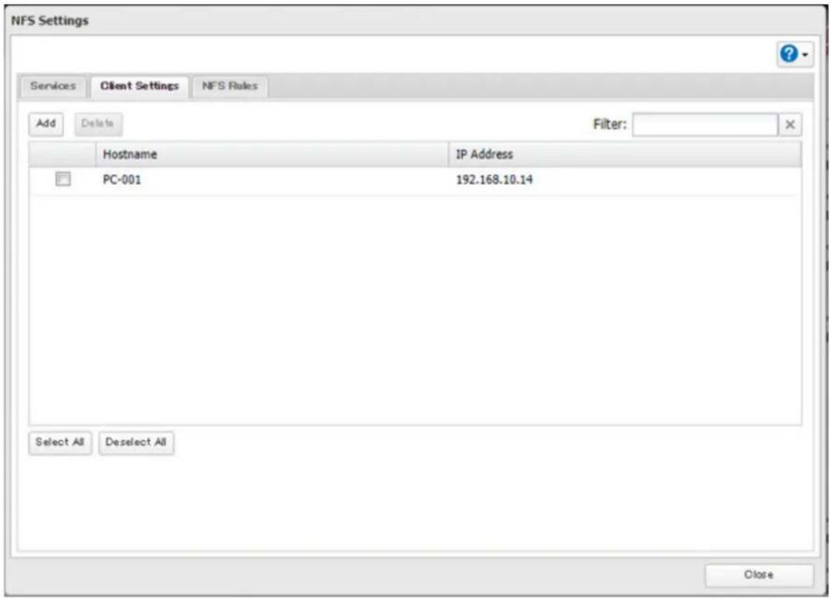 NFS Settings Services Client Settings NFS Rules Add Delete Filter: Hostname IP Address PC-001 192.168.10.14 Select All Deselect All Close