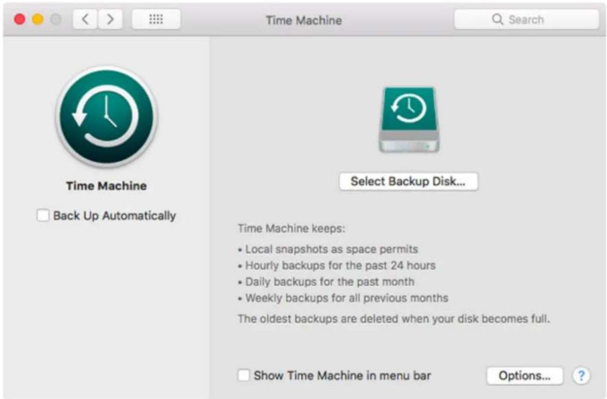 Time Machine Back Up Automatically Select Backup Disk... Time Machine keeps: • Local snapshots as space permits • Hourly backups for the past 24 hours • Daily backups for the past month • Weekly backups for all previous months The oldest backups are deleted when your disk becomes full. Show Time Machine in menu bar Options... ?