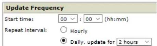 Update Frequency Start time: 00 : 00 (hh:mm) Repeat interval: ○ Hourly ● Daily, update for 2 hours