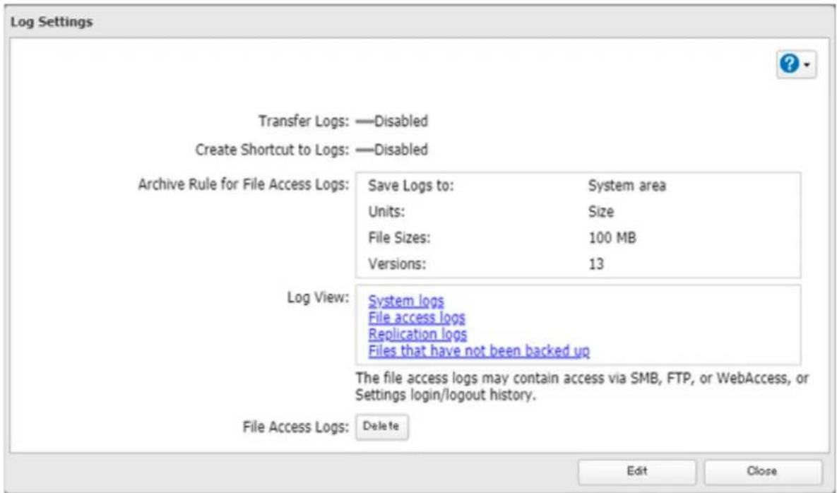 Log Settings Transfer Logs: —Disabled Create Shortcut to Logs: —Disabled Archive Rule for File Access Logs: Save Logs to: System area Units: Size File Sizes: 100 MB Versions: 13 Log View: System logs File access logs Replication logs Files that have not been backed up The file access logs may contain access via SMB, FTP, or WebAccess, or Settings login/logout history. File Access Logs: Delete Edit Close