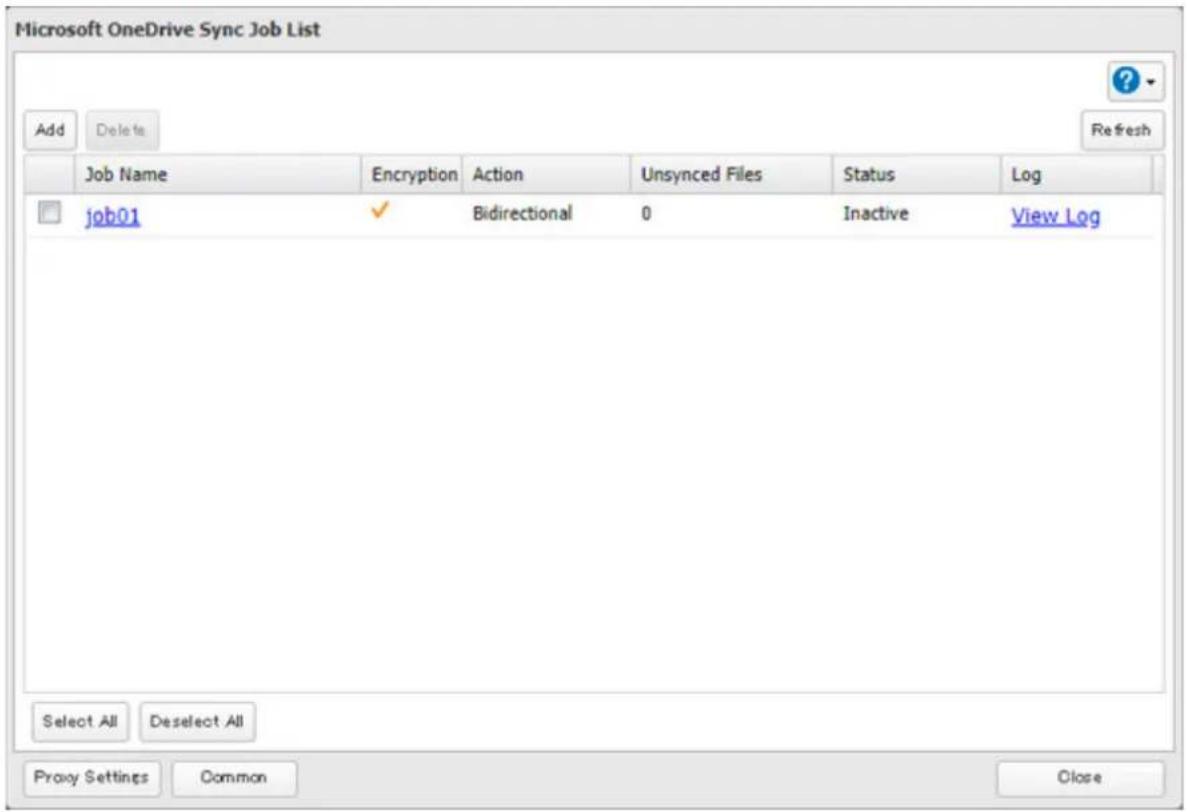 Microsoft OneDrive Sync Job List Add Delete Refresh Job Name Encryption Action Unsynced Files Status Log job01 ✓ Bidirectional 0 Inactive View Log Select All Deselect All Proxy Settings Common Close