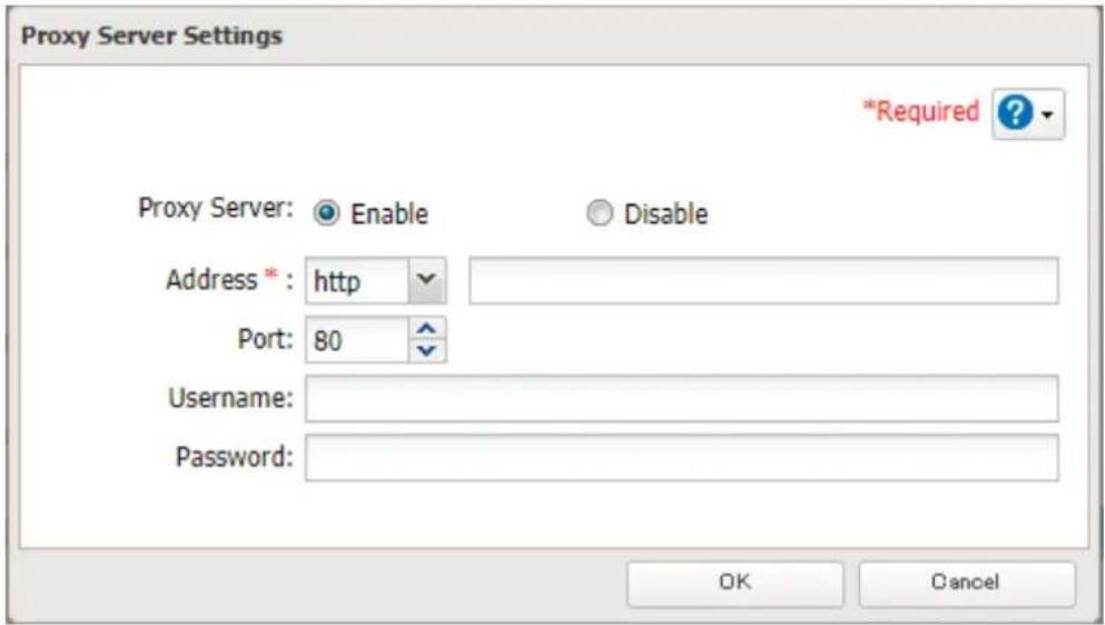 Proxy Server Settings *Required ? Proxy Server: Enable Disable Address * : http Port: 80 Username: Password: OK Cancel