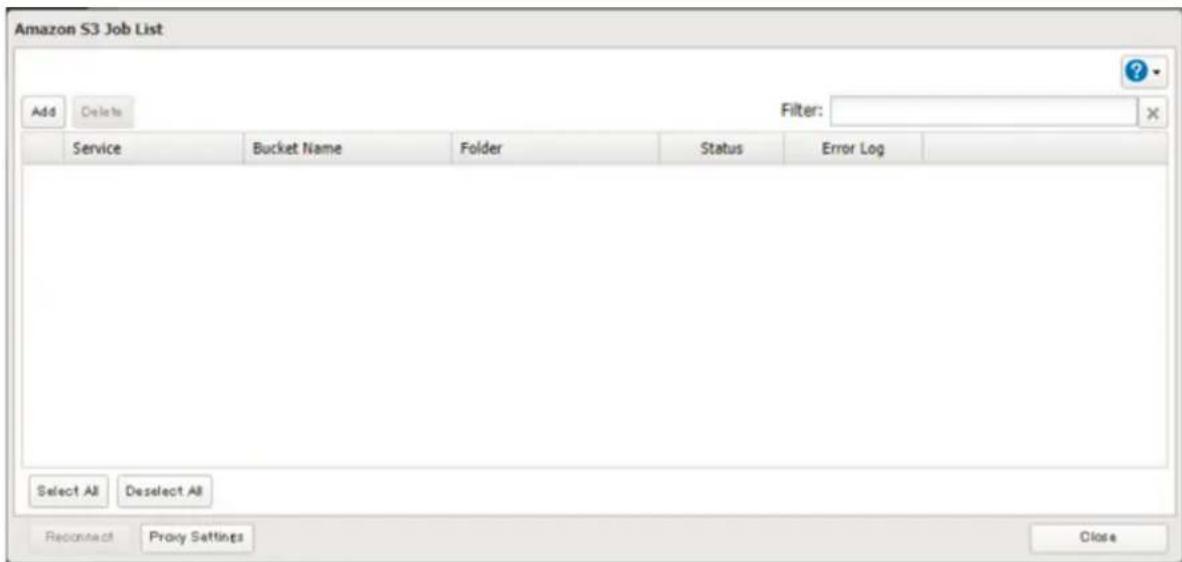 Amazon S3 Job List Add Delete Filter: Service Bucket Name Folder Status Error Log Select All Deselect All Reconnect Proxy Settings Close