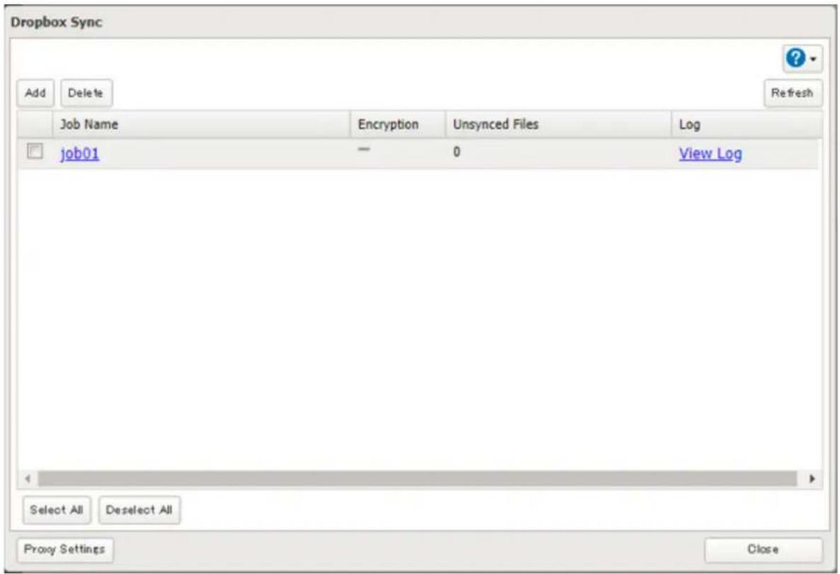 Dropbox Sync Add Delete Refresh Job Name Encryption Unsynced Files Log job01 - 0 View Log Select All Deselect All Proxy Settings Close
