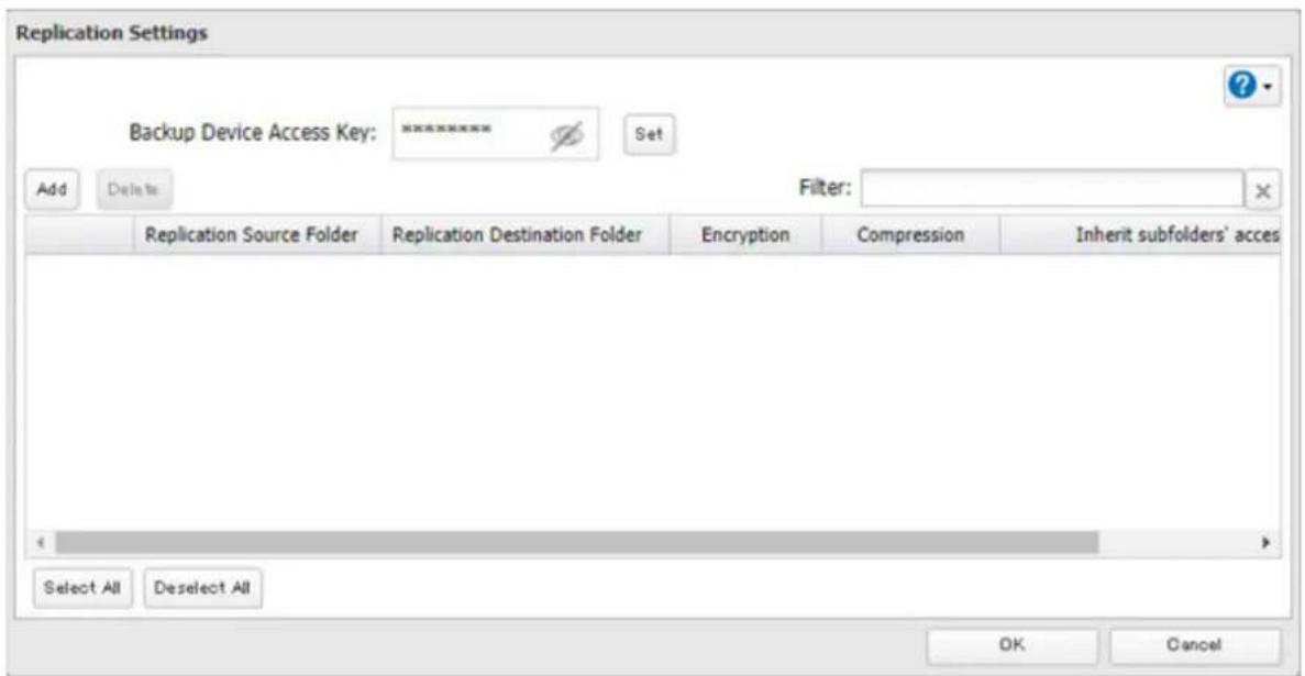 Replication Settings Backup Device Access Key: ******** Set Add Delete Filter: Replication Source Folder Replication Destination Folder Encryption Compression Inherit subfolders' acces Select All Deselect All OK Cancel