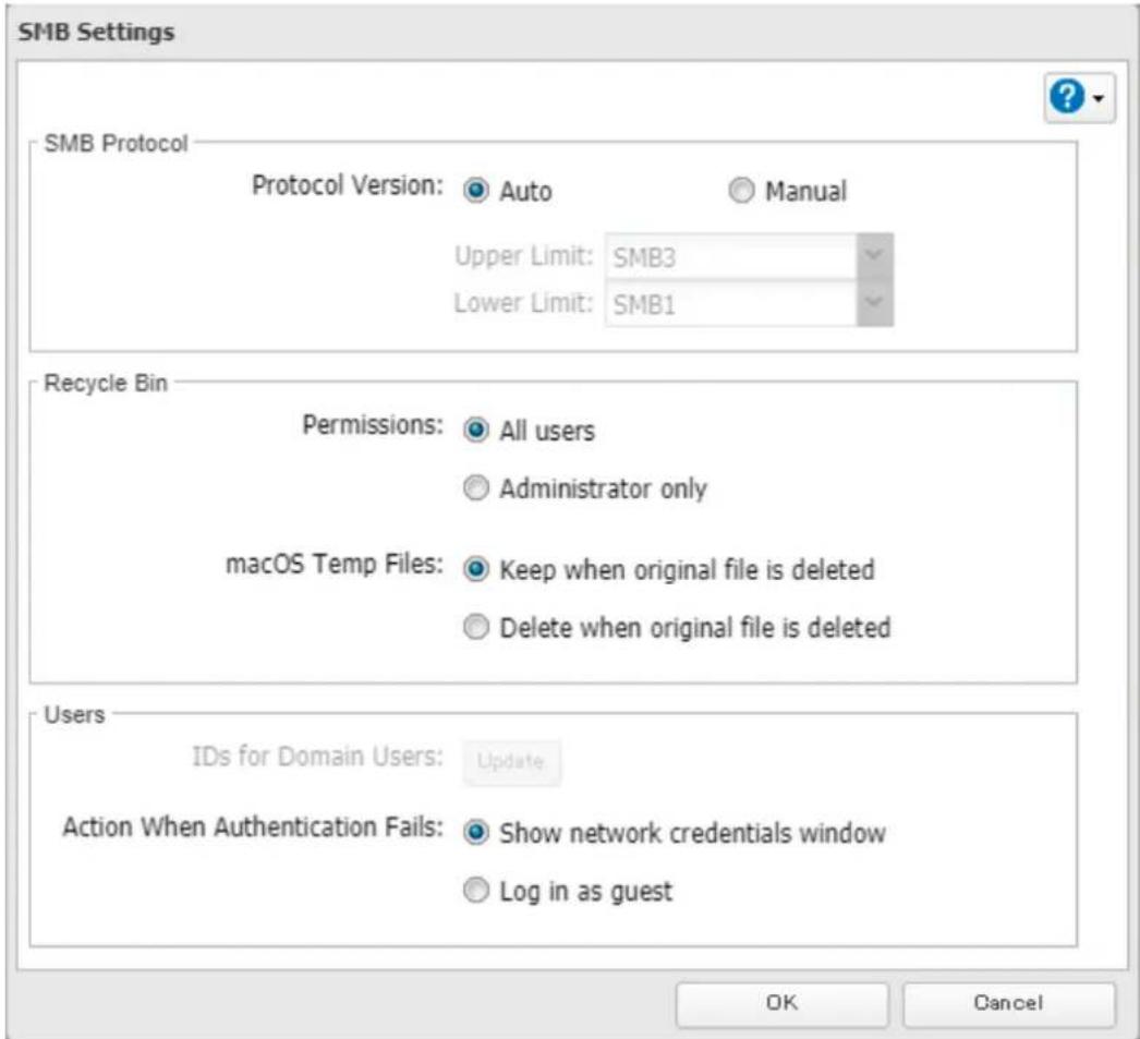 SMB Settings SMB Protocol Protocol Version: Auto Manual Upper Limit: SMB3 Lower Limit: SMB1 Recycle Bin Permissions: All users Administrator only macOS Temp Files: Keep when original file is deleted Delete when original file is deleted Users IDs for Domain Users: Update Action When Authentication Fails: Show network credentials window Log in as guest OK Cancel