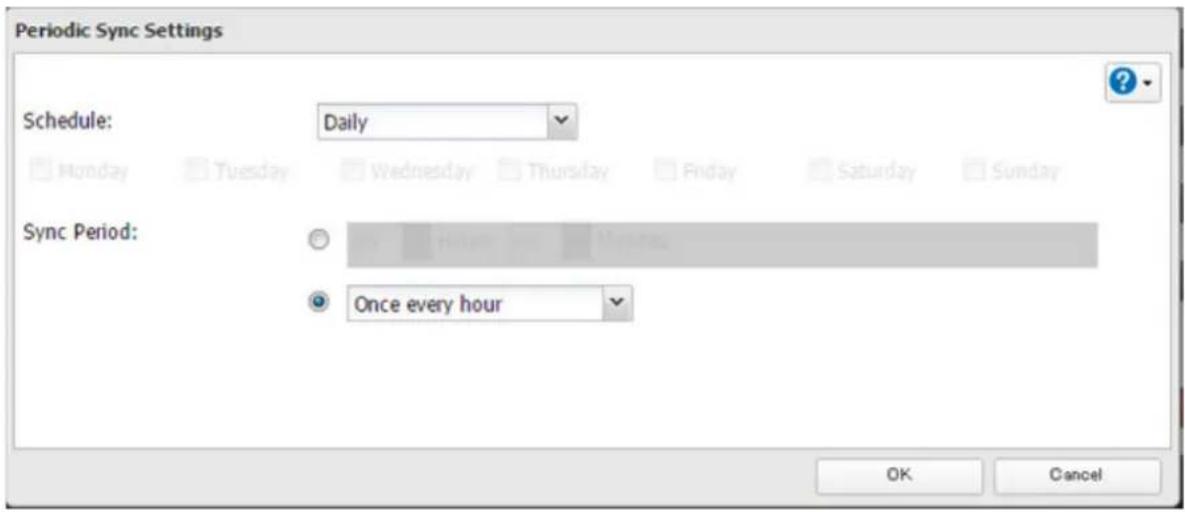 Periodic Sync Settings Schedule: Daily Sync Period: Once every hour OK Cancel