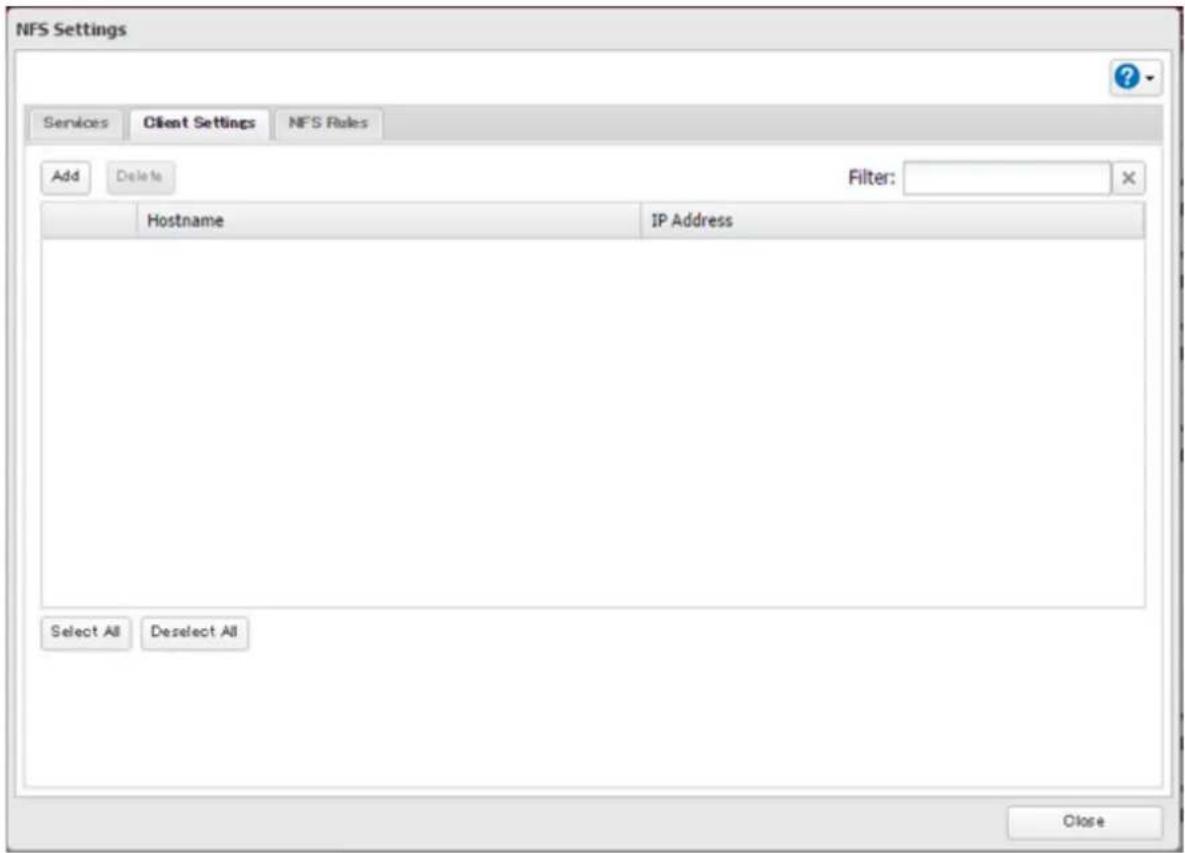 NFS Settings Services Client Settings NFS Rules Add Delete Filter: Hostname IP Address Select All Deselect All Close