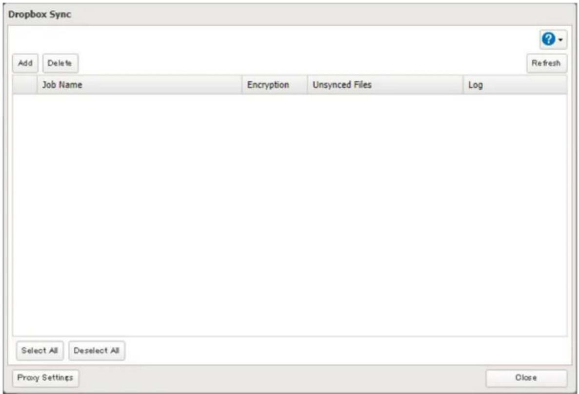Dropbox Sync Add Delete Refresh Job Name Encryption Unsynced Files Log Select All Deselect All Proxy Settings Close