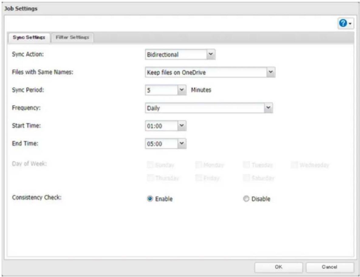 Job Settings Sync Settings Filter Settings Sync Action: Bidirectional Files with Same Names: Keep files on OneDrive Sync Period: 5 Minutes Frequency: Daily Start Time: 01:00 End Time: 05:00 Day of Week: Sunday Monday Tuesday Wednesday Thursday Friday Saturday Consistency Check: Enable Disable OK Cancel