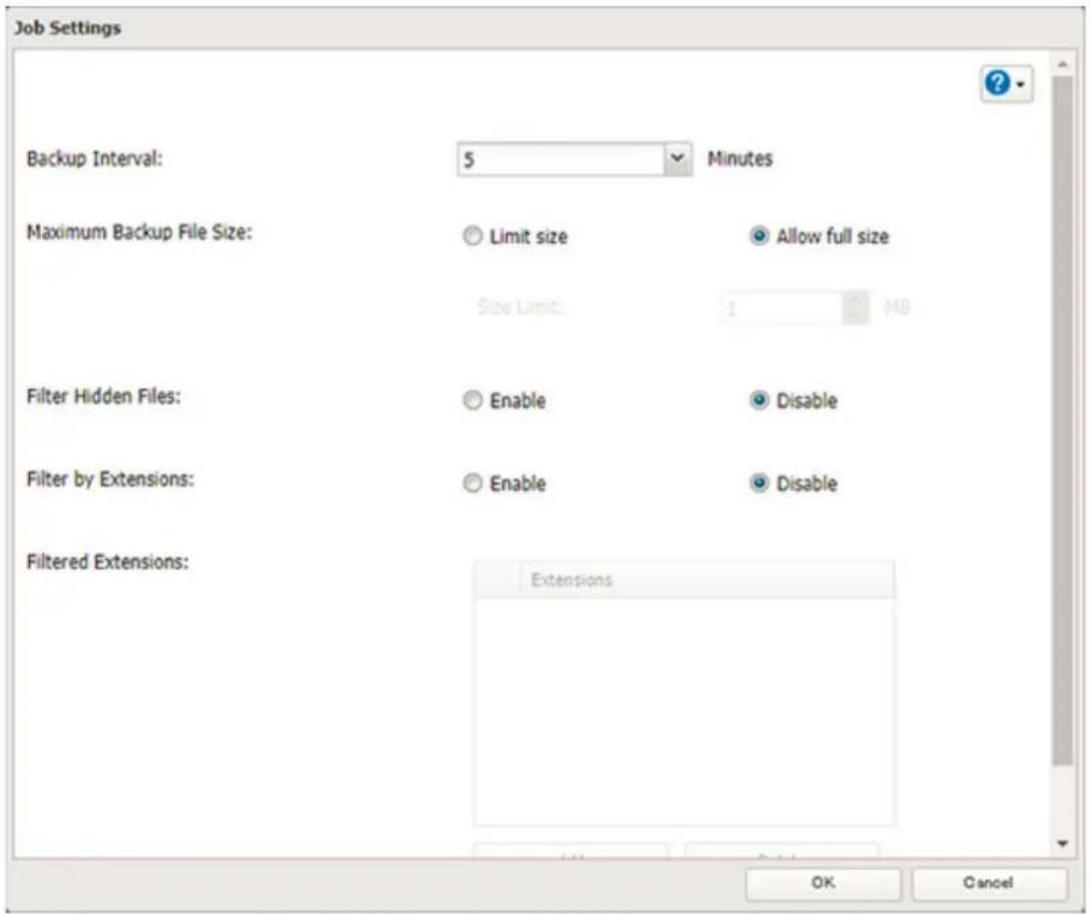 Job Settings Backup Interval: 5 Minutes Maximum Backup File Size: Limit size Allow full size Size Limits: 1 MB Filter Hidden Files: Enable Disable Filter by Extensions: Enable Disable Filtered Extensions: Extensions OK Cancel