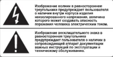 Изображение молнии в равностороннем треугольнике предупреждает пользователя о наличии внутри корпуса изделия неизогированного напряжания, величина которого может создавать опасность поражения человека электрическим током. Изображение восклицательное знака в равностороннем треугольнике предупреждает пользователя о наличии с сопровождающей аппарат документации важных инструкций по эксплуатации и техническому обслуживанию.