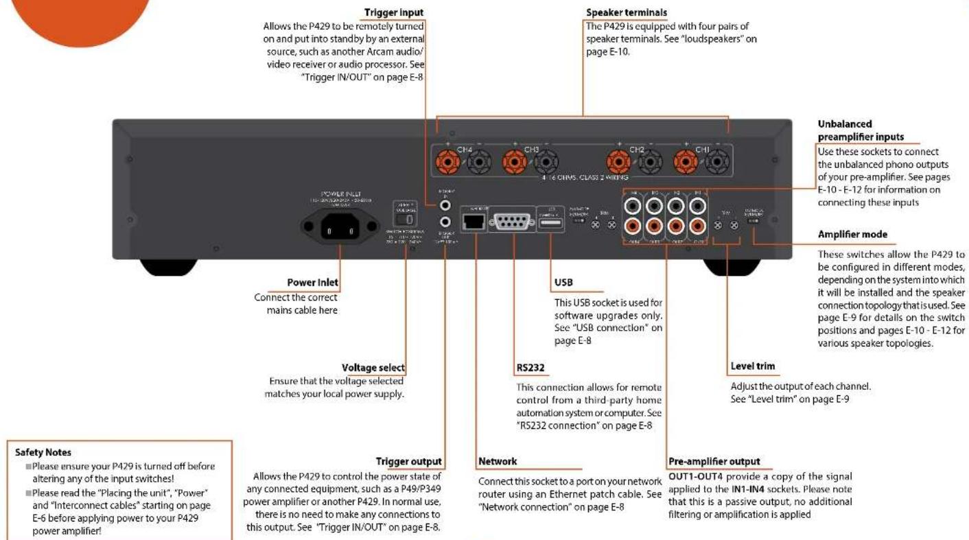 Trigger input Allows the P429 to be remotely turned on and put into standby by an external source, such as another Arcam audio/ video receiver or audio processor. See "Trigger IN/OUT" on page E-8 Speaker terminals The P429 is equipped with four pairs of speaker terminals. See "loudspeakers" on page E-10. Power Inlet Connect the correct mains cable here Voltage select Ensure that the voltage selected matches your local power supply. USB This USB socket is used for software upgrades only. See "USB connection" on page E-8 RS232 This connection allows for remote control from a third-party home automation system or computer. See "RS232 connection" on page E-8 Level trim Adjust the output of each channel. See "Level trim" on page E-9 Trigger output Allows the P429 to control the power state of any connected equipment, such as a P49/P349 power amplifier or another P429. In normal use, there is no need to make any connections to this output. See "Trigger IN/OUT" on page E-8. Pre-amplifier output OUT1-OUT4 provide a copy of the signal applied to the IN1-IN4 sockets. Please note that this is a passive output, no additional filtering or amplification is applied Safety Notes ■ Please ensure your P429 is turned off before altering any of the input switches! ■ Please read the "Placing the unit", "Power" and "Interconnect cables" starting on page E-6 before applying power to your P429 power amplifier!