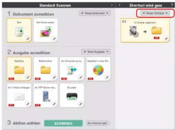 Standard-Scannen 1 Dokument auswählen Text Voll Automatodech 2 Ausgabe auswählen Desktop Bilanziplier An Anwendung so... Spächen unter ML... An E-Mail anhängen An FTP Server senu... Drücken 3 Aktion wählen SCANNEN Shortcut wird gesc Neuer Shortcut 01 In Order spiechen Akai