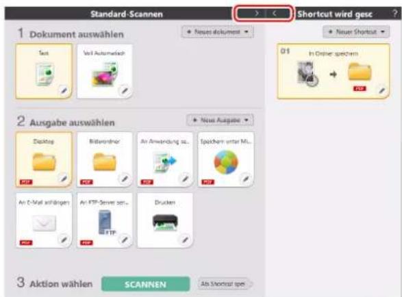 Standard-Scannen 1 Dokument auswählen Text Verl Automatäch 2 Ausgabe auswählen Desktop Bildveränder An Anwendung so... Spichern unter ML... An C-Mail anhängen An FTP-Server set... Drücken 3 Aktion wählen SCANNEN Shortcut wird gesc 01 In Other specchem Ab Shortcut spe