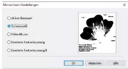 Monochrom-Einstellungen Akiver Granzweite Schlosszweite FeNerdiffusion Erweitere Textverbesserung Erweitere Textverbesserung II OK Abbrachen Hilfe