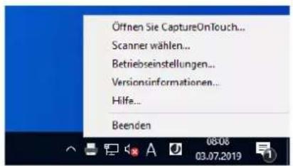 Öffnen Sie CaptureOnTouch... Scanner wählen... Betriebseinstellungen... Versionsinformationen... Hilfe... Beenden