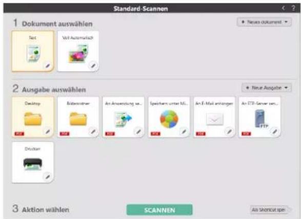 Standard-Scannen 1 Dokument auswählen Text Voll Automatisch 2 Ausgabe auswählen Desktop Bückerstrasse An Anwendung an... Speichem unter M... An E-Mail angegeben An ETP-Server sen... Druckver 3 Aktion wählen SCANNEN Aus Shockout sp
