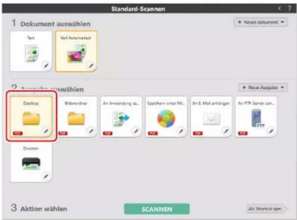 Standard-Scannen 1 Dokument auswählen Text Voll Automatach 2. Auswählen Desktop Bilderraher An Anwendung so... Spächen unter ML... An E-Mail ankrigen An FTP Server sen... Drücken 3 Aktion wählen SCANNEN Als Stonzahl spe