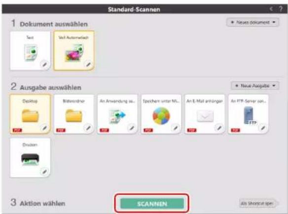 Standard-Scannen 1 Dokument auswählen Text Verl Automatisch 2 Ausgabe auswählen Desktop Bitwinder An Anwendung so... Speichens unter ML... An E-Mail anhänger An FTP Server sen... Drücken 3 Aktion wählen SCANNEN Als Shoncut sp