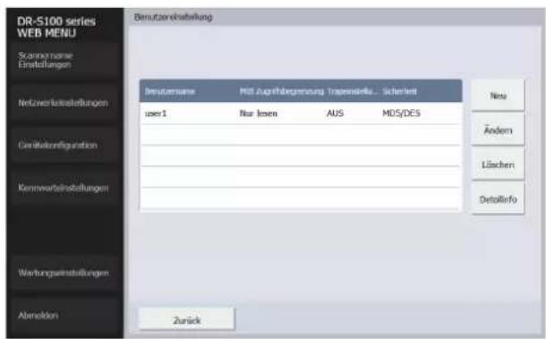DR-S100 series WEB MENU Sorferige name Einstellungen Netzverkaufstellungen Gesellschaftsorganisation Kennmarktaufstellungen Wertungsreinstellungen Abmelden Benzveränderung Institutsame MDS Auftrifähregierung Trapensrisiko - Sicherheit user1 Nur lesen AUS MDS/DES Neu Änderm Löschen Detallinfo Zurück