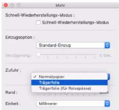 Mehr Schnell-Wiederherstellungs-Modus : Schnell-Wiederherstellungs-Modus Einzugsoption : Standard-Einzug Verzögerung: 0 Sek. Zufuhr : Normalpapier Trägerfolie Trägerfolie (für Raisepässe) Rand : Einheit : Millimeter