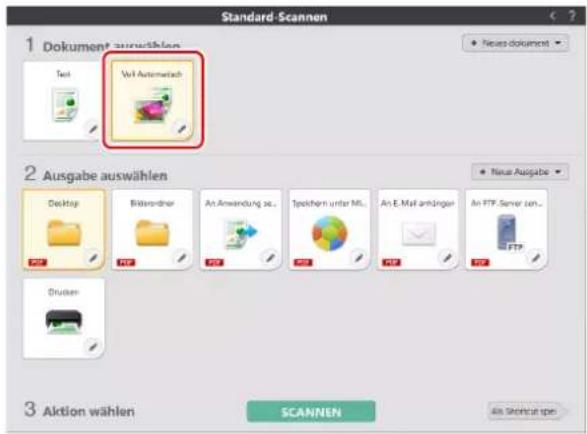 Standard-Scannen 1 Dokument auswählen Test Vol Automatisch 2 Ausgabe auswählen Desktop Bilaterohrer An Anwendung so... Speichen unter ML... An E-Mail anhängen An FTP Server 10... Drucker- 3 Aktion wählen SCANNEN Aus Stenzen spe