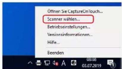 Öffnen Sie CaptureOnTouch... Scanner wählen... Betriebseinstellungen... Versionsinformationen... Hilfe... Beenden