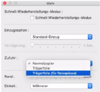 Schnell-Wiederherstellungs-Modus : Schnell-Wiederherstellungs-Modus Einzugsoption : Standard-Einzug Verzögerung : 0 Sek. Zufuhr : Normalpapier Trägerfolie Trägerfolie (für Reisepässe) Rand : Einheit : Millimeter