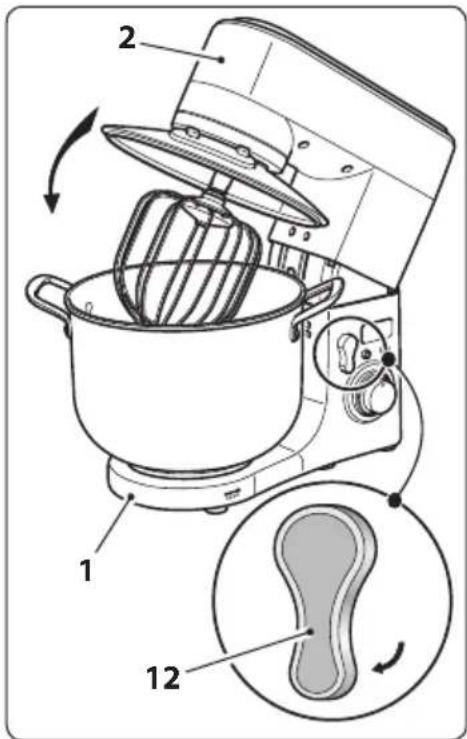 Diagram of a kitchen mixer with labeled parts and a foot-shaped interior view showing the interior area.
