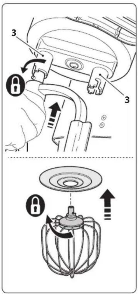 Technical diagram illustrating mechanical assembly steps with labeled parts and directional arrows indicating motion