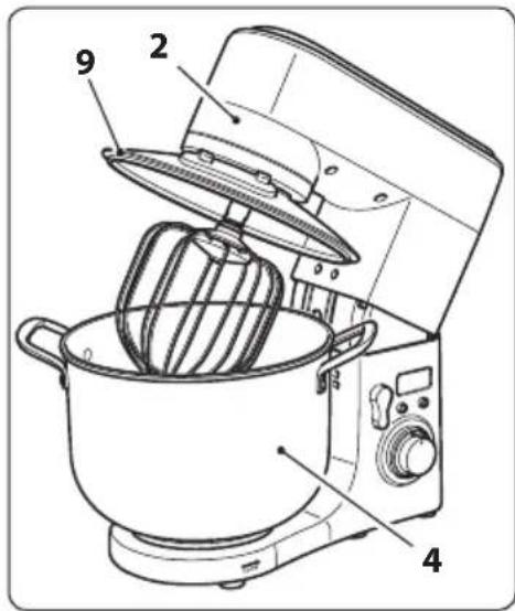 Labeled diagram of a kitchen mixer with numbered parts for identification