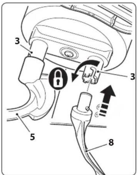 Diagram of car seatbelt mechanism with numbered parts and directional arrows indicating movement