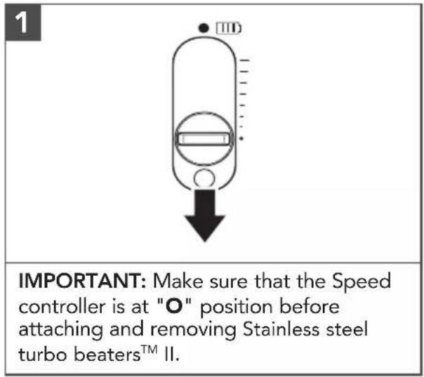 IMPORTANT: Make sure that the Speed controller is at "O" position before attaching and removing Stainless steel turbo beaters™ II.