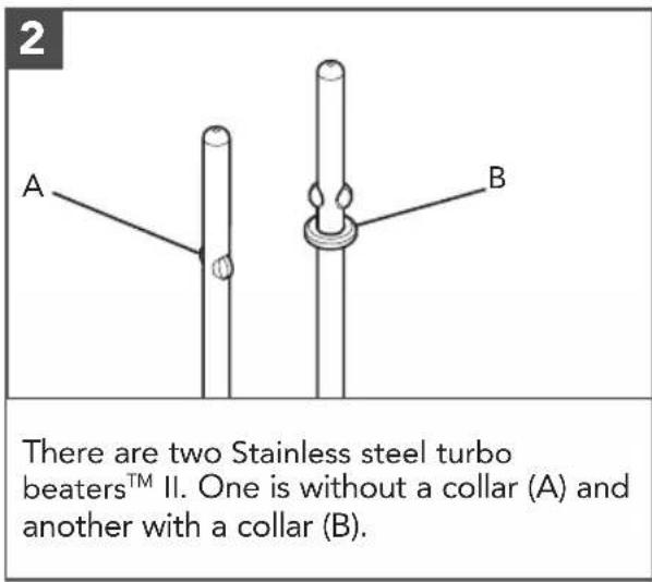 2 There are two Stainless steel turbo beaters™ II. One is without a collar (A) and another with a collar (B).