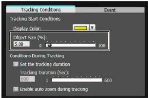 CANON VB-R11VE - Configure the size the moving object needed to trigger detection in [Object Size (%)] in the [Tracking Conditions] tab. - 1