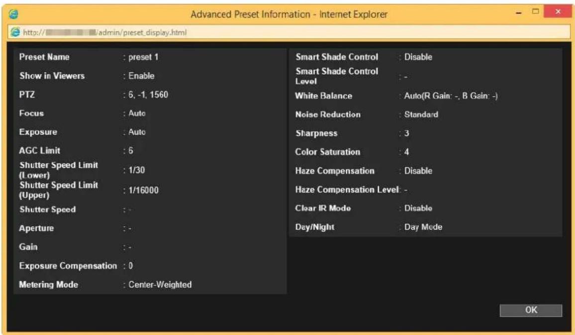 CANON VB-H761LVE - - Checking Advanced Preset Information - 1