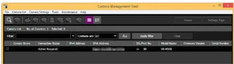 CANON VB-H761LVE - Select a camera in the camera list and click the [Camera Settings] > [Register Administrator Account]. Alternatively, double-click [Admin Required] for [Connection Status]. - 1