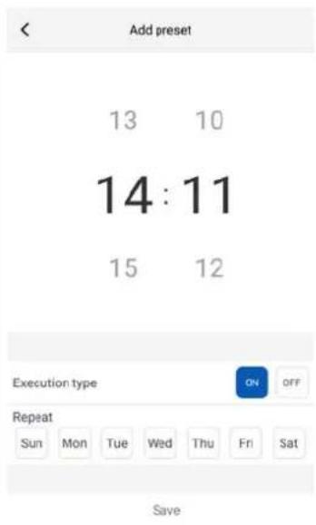 Add preset 13 10 14:11 15 12 Execution type ON OFF Repeat Sun Mon Tue Wed Thu Fri Sat Save
