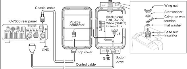 Coaxial cable IC-7000 rear panel GND PL-259 connector Top cover Control cable GND Black (GND) Red (DC13V) White (START) Green (KEY) J2 J8 Bottom cover Wing nut Star washer Crimp-on wire terminal Flat washer Base nut Insulator
