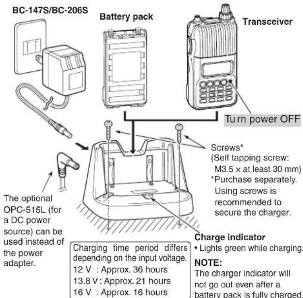 BC-147S/BC-206S Battery pack Transceiver Turn power OFF The optional OPC-515L (for a DC power source) can be used instead of the power adapter. Charging time period differs depending on the input voltage. 12 V : Approx. 36 hours 13.8 V : Approx. 21 hours 16 V : Approx. 16 hours Screws* (Self tapping screw: M3.5 x at least 30 mm) *Purchase separately. Using screws is recommended to secure the charger. Charge indicator • Lights green while charging. NOTE: The charger indicator will not go out even after a battery pack is fully charged.