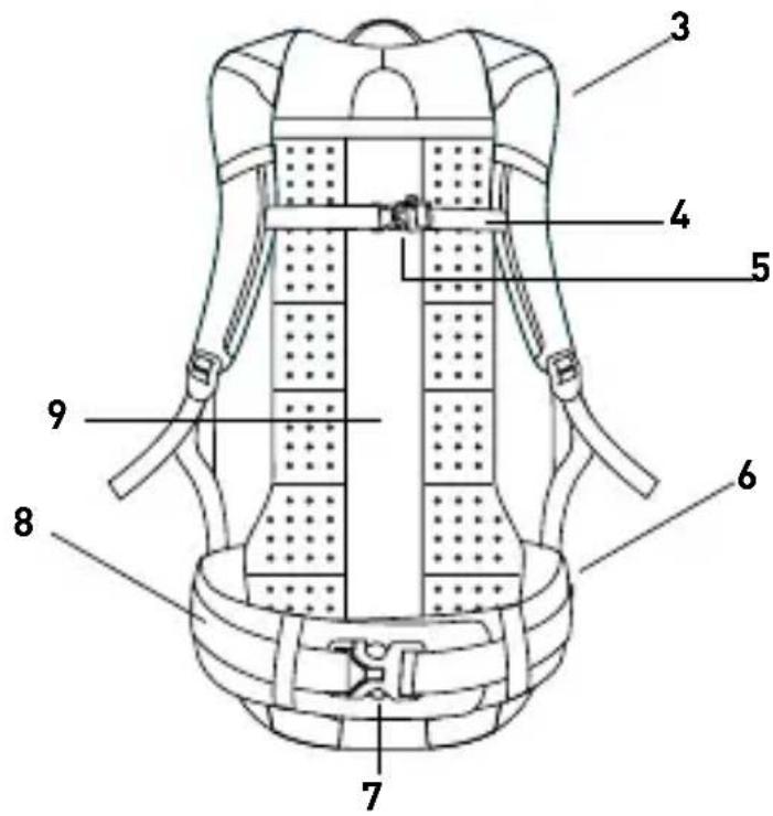 Technical diagram of a backpack with numbered parts labeled for identification.