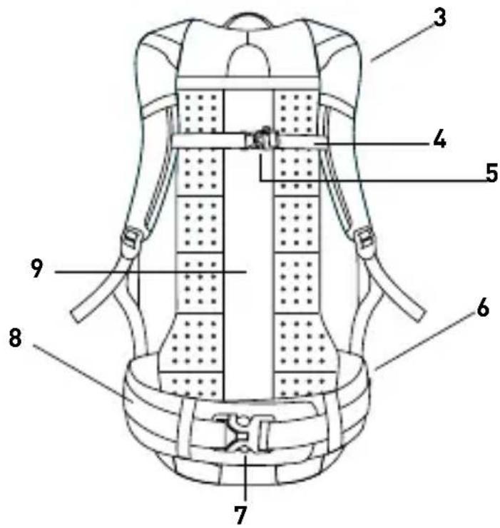 Technical diagram of a backpack with numbered parts labeled for identification.