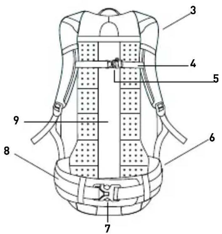 Technical diagram of a backpack with numbered parts labeled for identification.