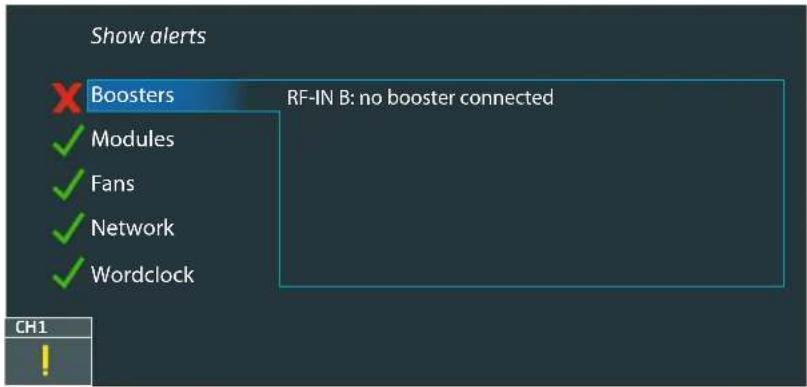Show alerts Boosters RF-IN B: no booster connected ✓ Modules ✓ Fans ✓ Network ✓ Wordclock CH1